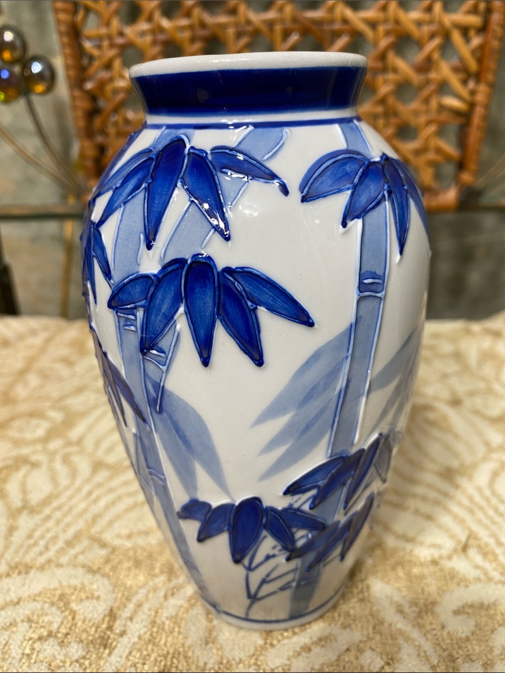 Vase Asian chinoiserie vibrant cobalt Blue Bamboo porcelain